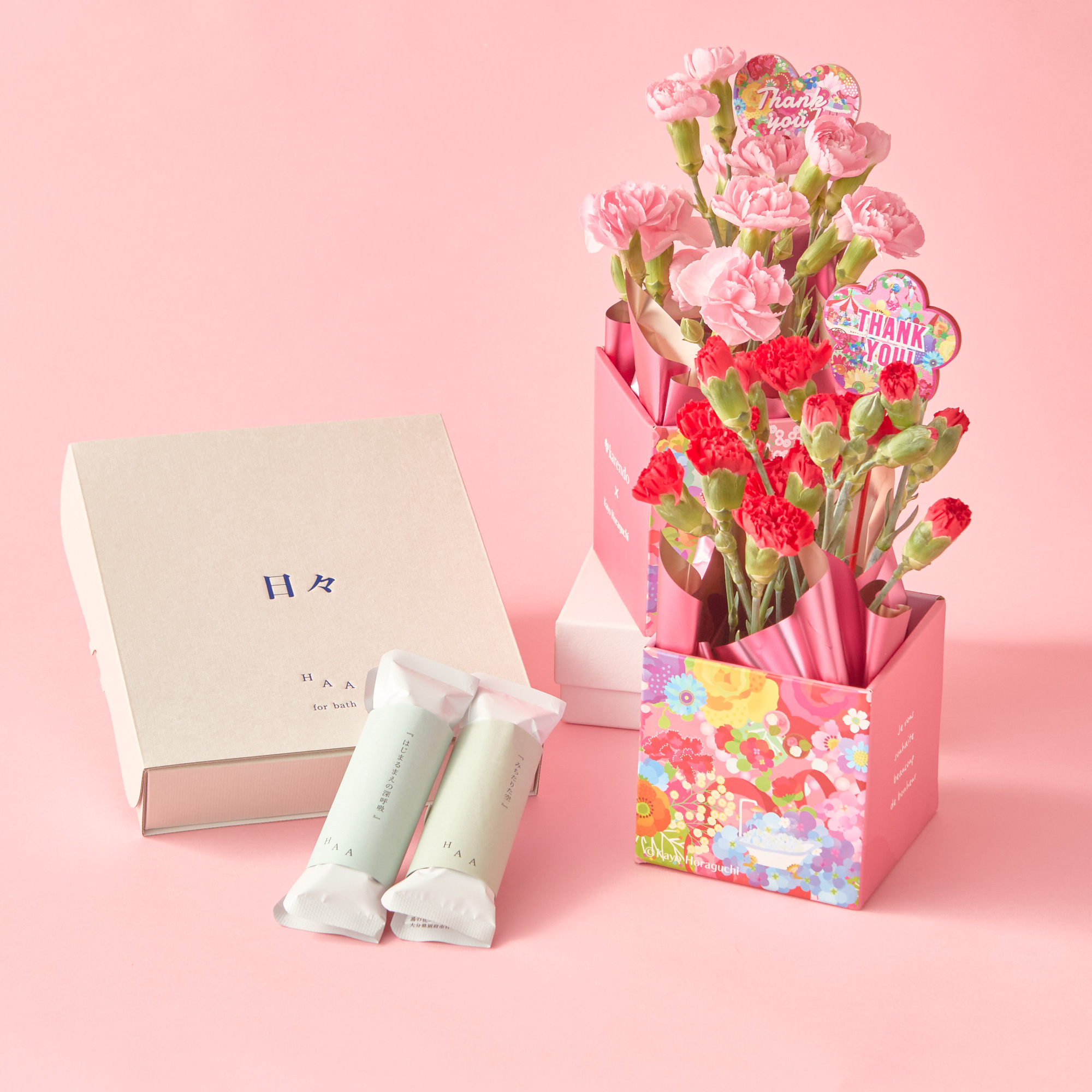【母の日に贈る】選べるカーネーション＆限りなく天然温泉に近い入浴剤「HAA（5個入り）」