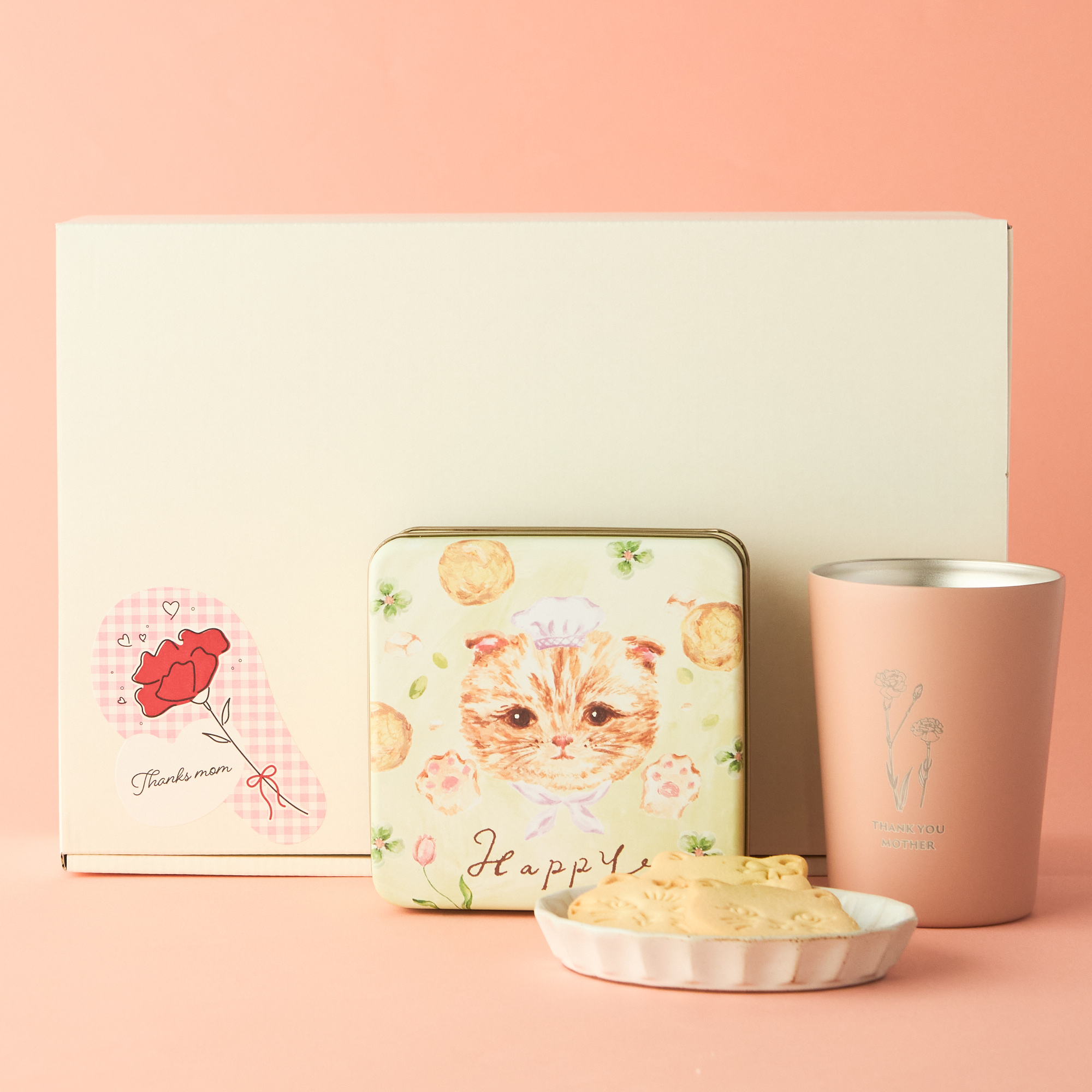 【母の日限定】母の日メッセージ入りタンブラーとこねこのこねこねクッキー缶セット