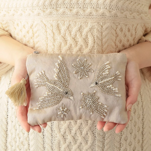 ビーズ刺繍フラットポーチL