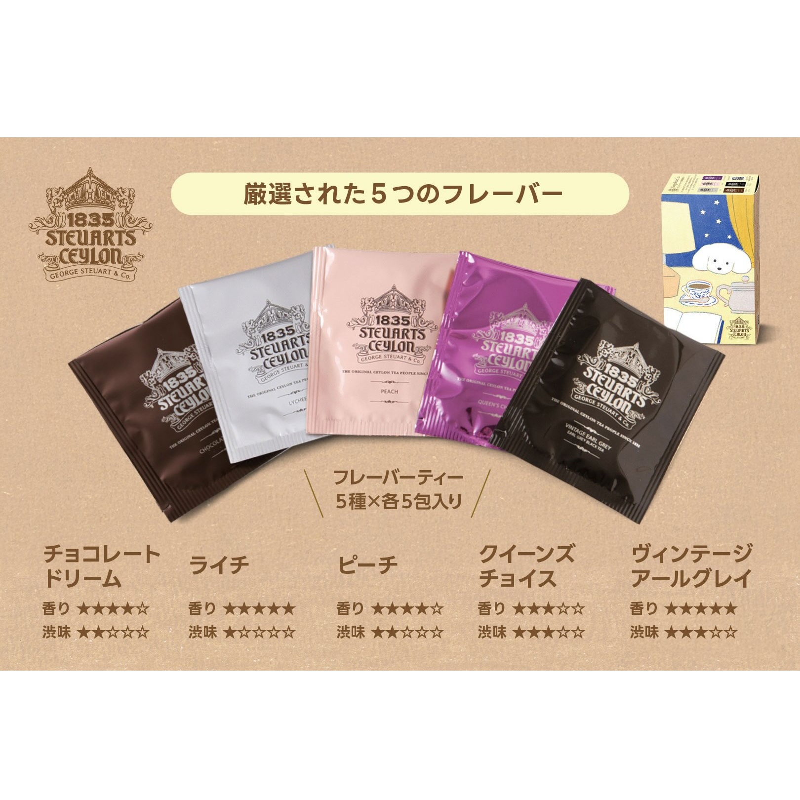 【犬の限定イラスト】ティーバッグ5種セット＜ミニシール付き＞×てらおかなつみ 【紙箱入り紅茶】