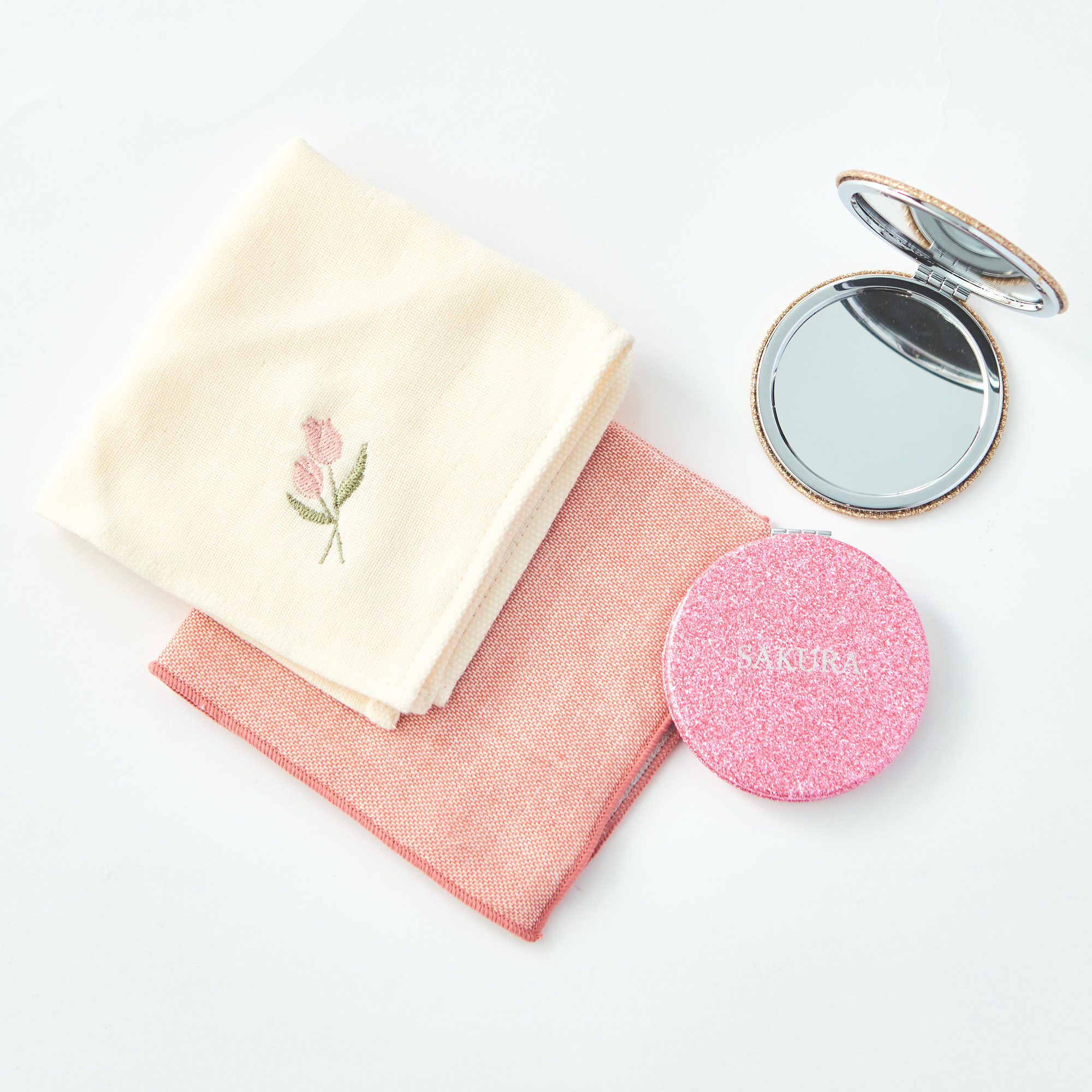 【名入れ】選べるコンパクトミラー&今治タオル刺繍ハンカチセット