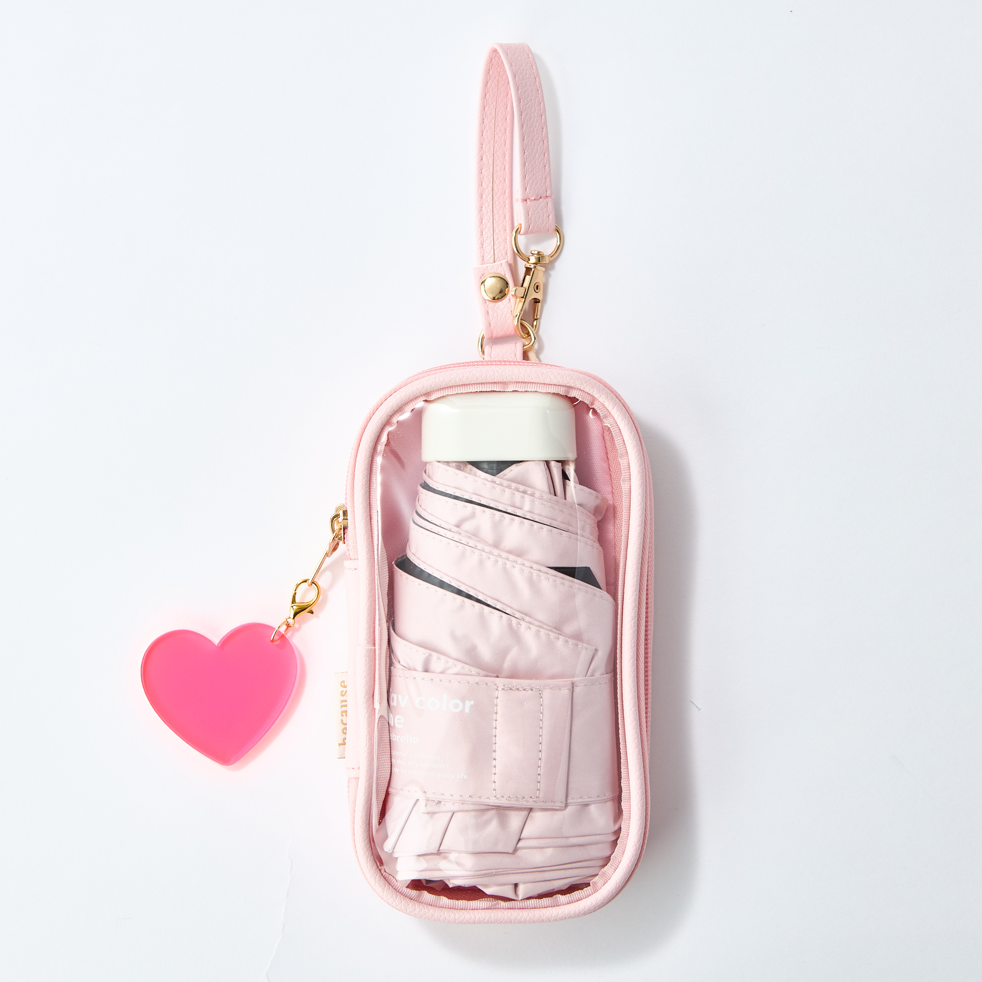 名入れハートチャーム＆ポーチ付き晴雨兼用折りたたみ傘【遮光率100%】