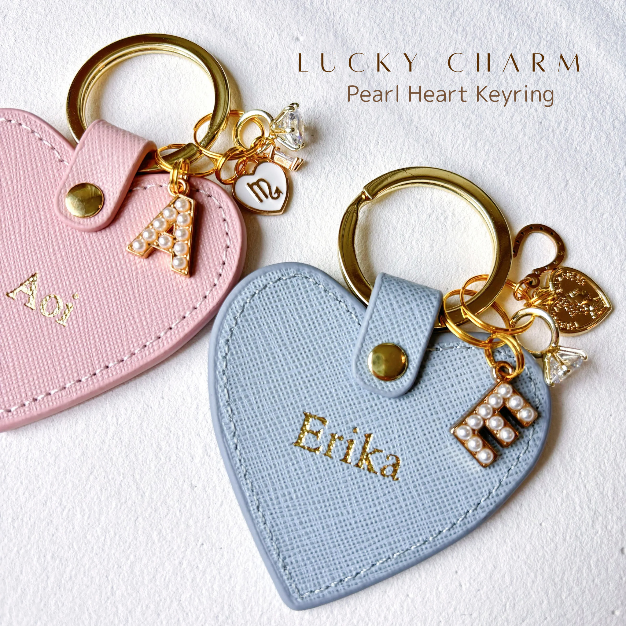 【名入れ】オーダーメイド本革キーリング（パールイニシャルチャーム付き）