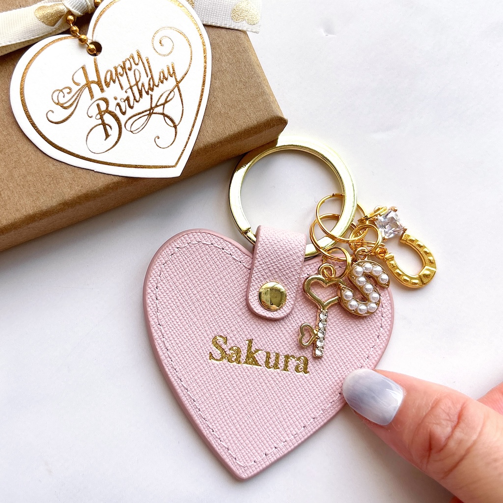 名入れ】オーダーメイド本革キーリング（パールイニシャルチャーム付き