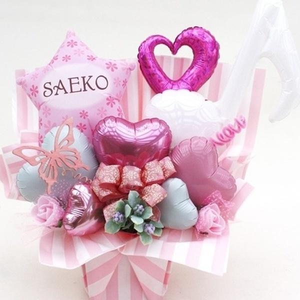 アラベスク模様の大人かわいい名入れバルーン＆造花アレンジメント