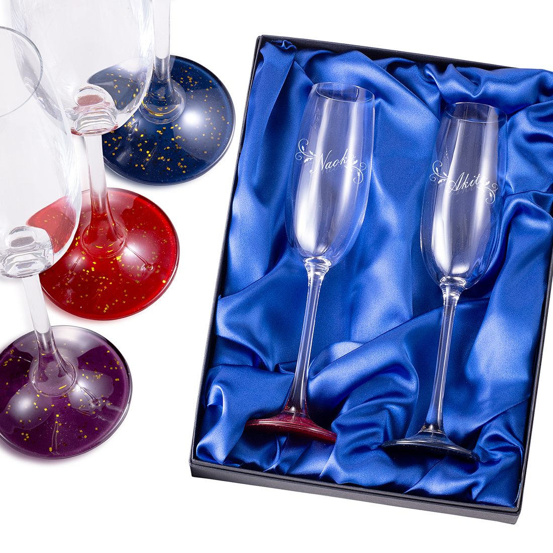 名入れ　蒔絵シャンパンフルートグラス　ペア