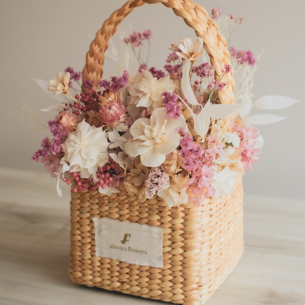 Flower BAG No.3 ／スクエアカゴバッグ　フェリークピンク　ドライ＆プリザーブドフラワー