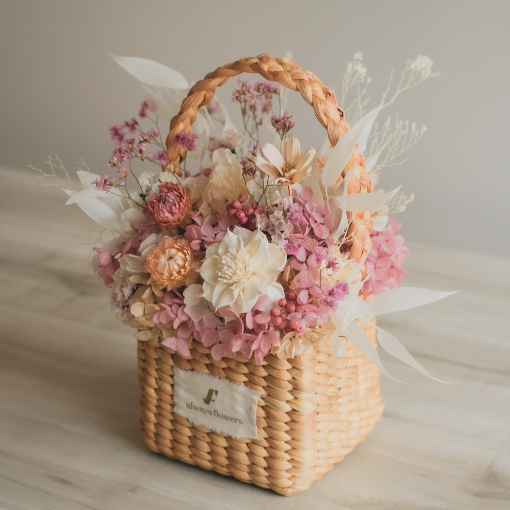 Flower BAG No.3 ／スクエアカゴバッグ　フェリークピンク　ドライ＆プリザーブドフラワー