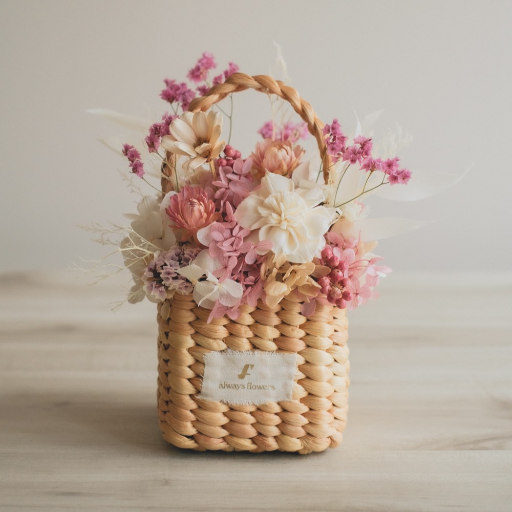 Flower BAG No.3 ／スクエアカゴバッグ　フェリークピンク　ドライ＆プリザーブドフラワー