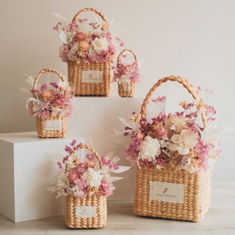 Flower BAG No.3 ／スクエアカゴバッグ　フェリークピンク　ドライ＆プリザーブドフラワー