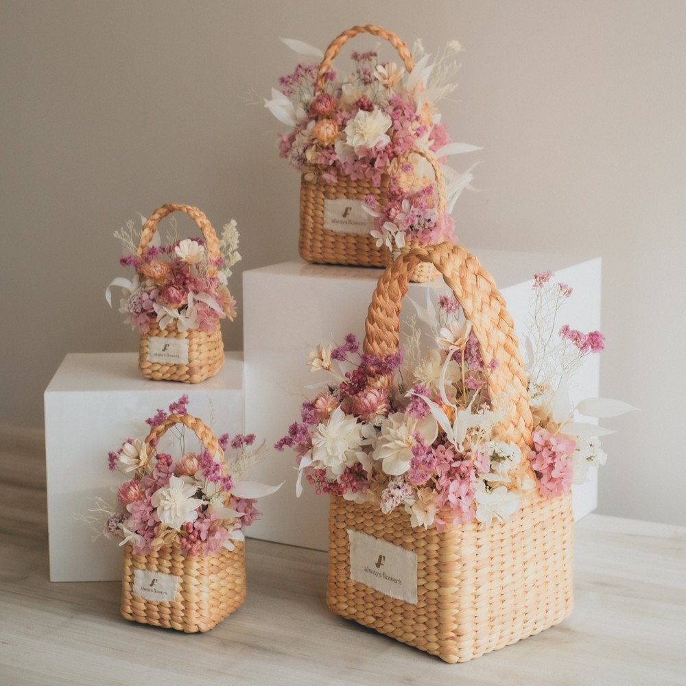 Flower BAG No.3 ／スクエアカゴバッグ　フェリークピンク　ドライ＆プリザーブドフラワー