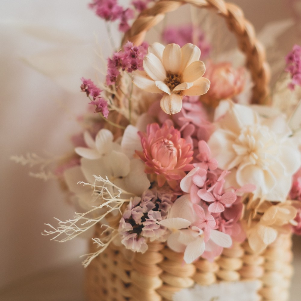 Flower BAG No.3 ／スクエアカゴバッグ　フェリークピンク　ドライ＆プリザーブドフラワー