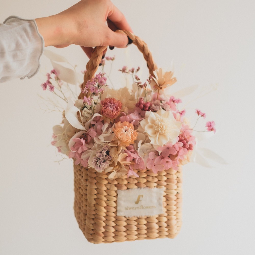 Flower BAG No.3 ／スクエアカゴバッグ　フェリークピンク　ドライ＆プリザーブドフラワー