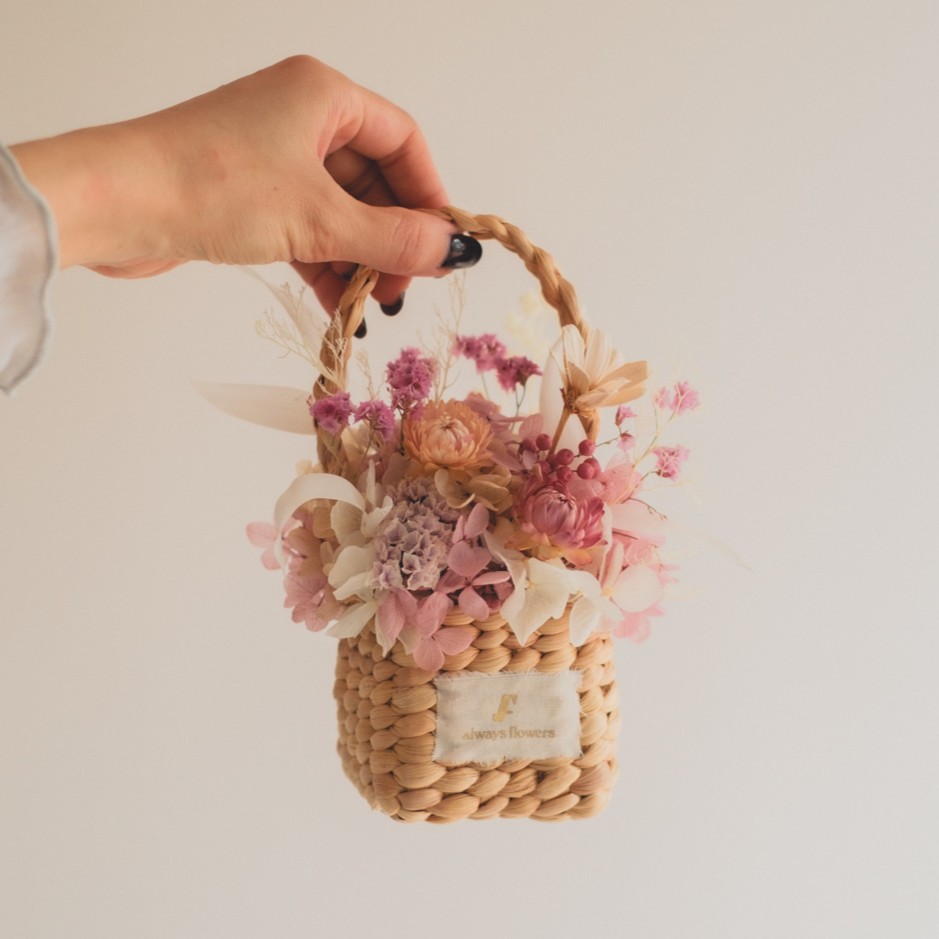 Flower BAG No.3 ／スクエアカゴバッグ　フェリークピンク　ドライ＆プリザーブドフラワー