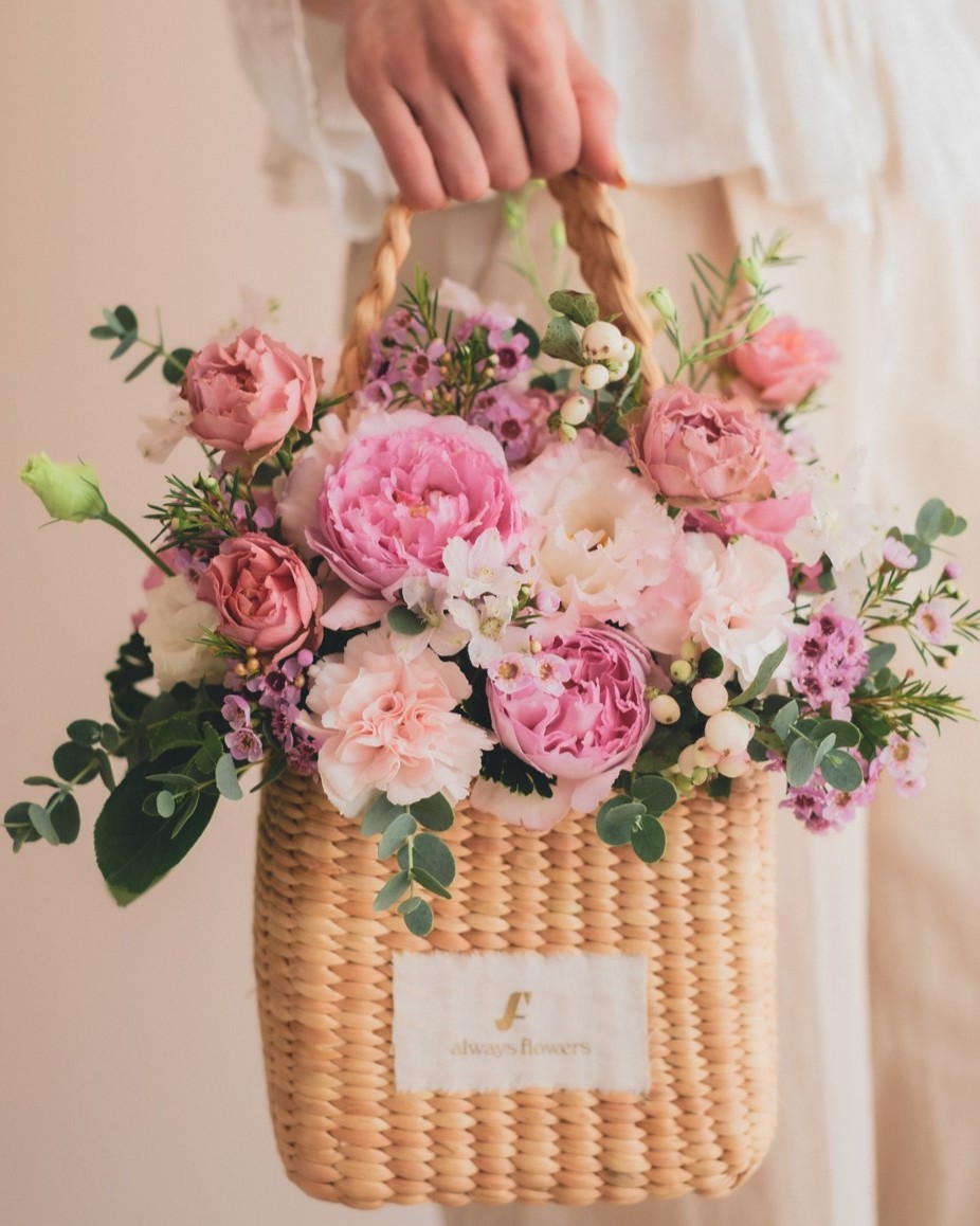 Flower BAG No.3 ／スクエアカゴバッグ　ピンクガーデン 生花