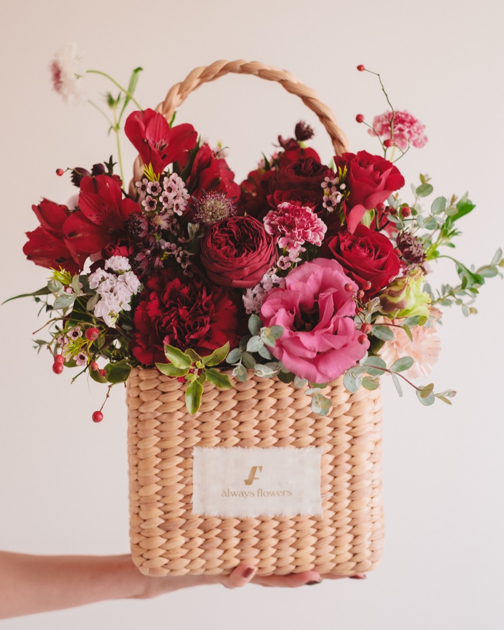 Flower BAG No.3 ／スクエアカゴバッグ　クラッシーレッド 生花