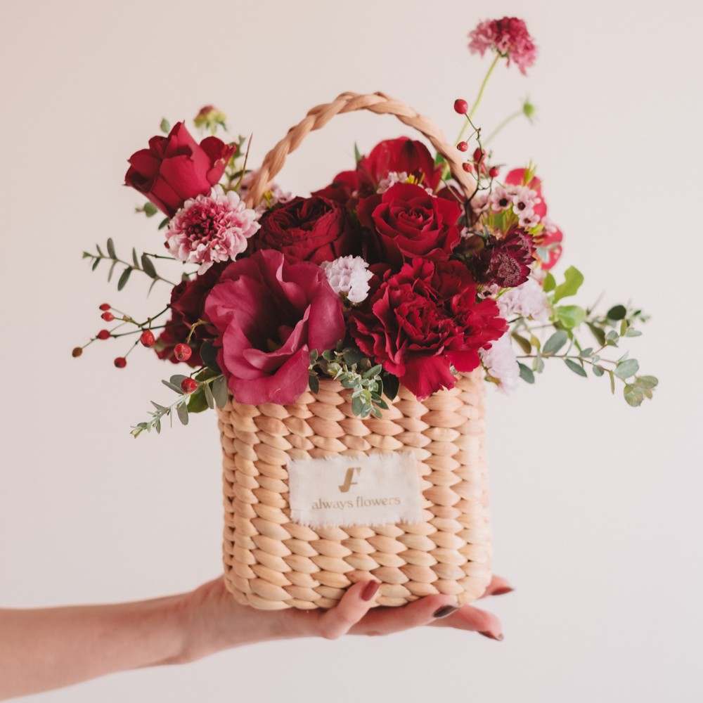 Flower BAG No.3 ／スクエアカゴバッグ　クラッシーレッド 生花