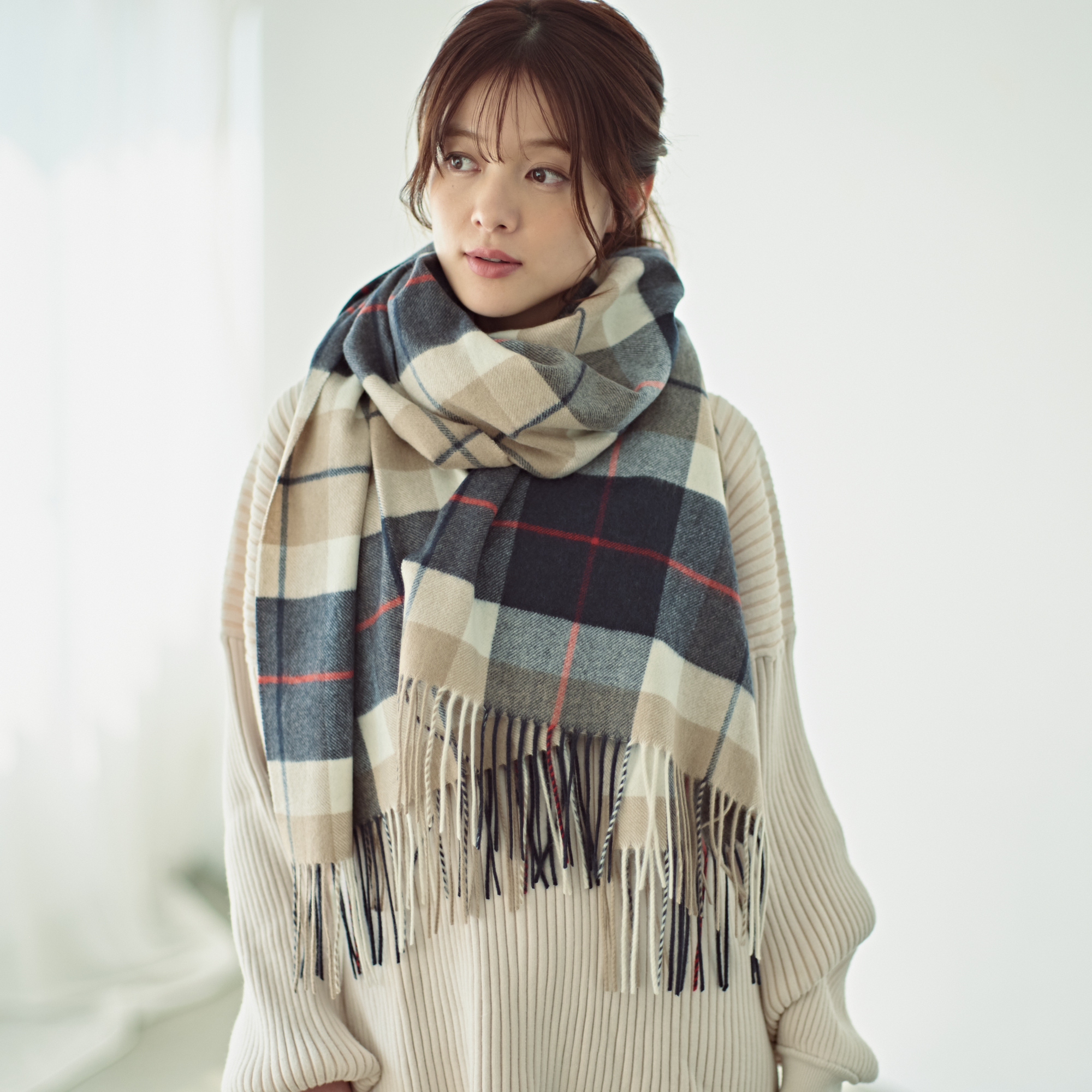 【刺繍名入れギフト】カシミヤ100% チェック柄 大判ストール