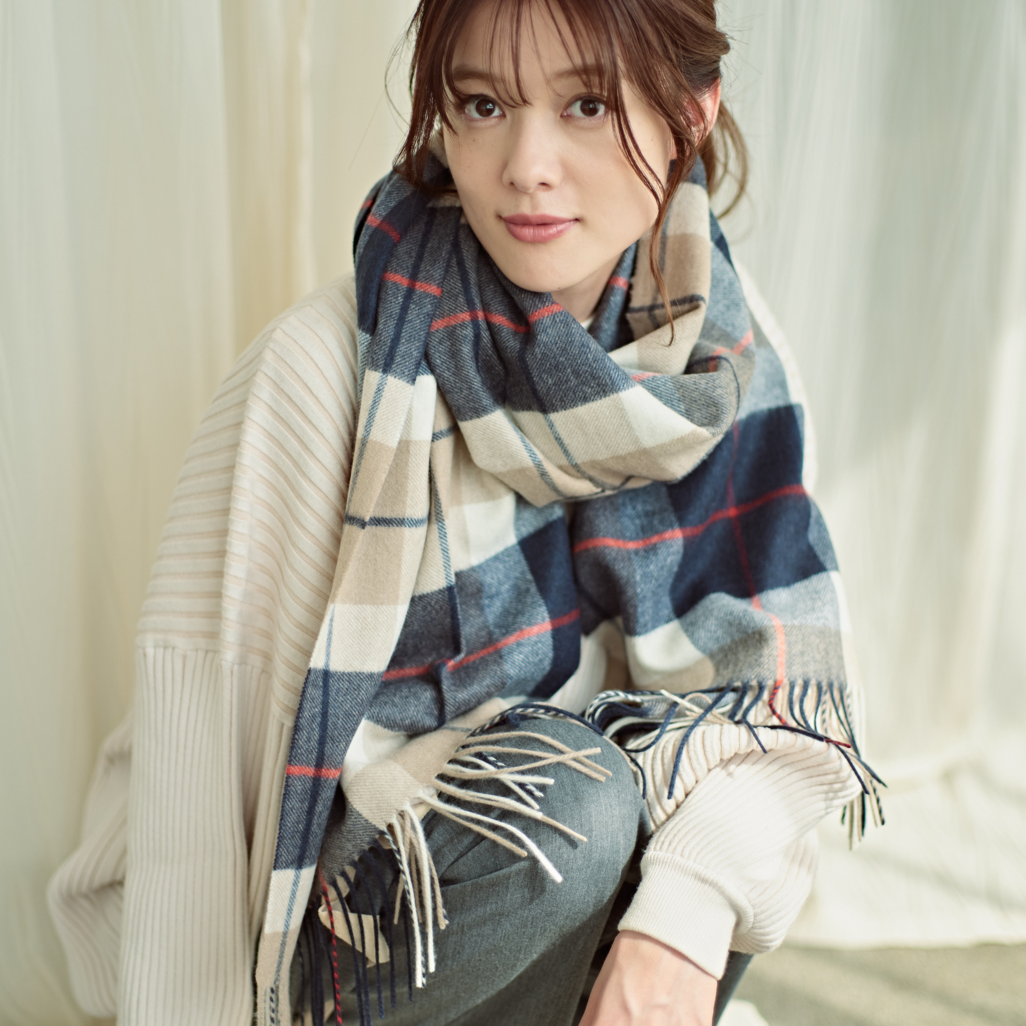 【刺繍名入れギフト】カシミヤ100% チェック柄 大判ストール