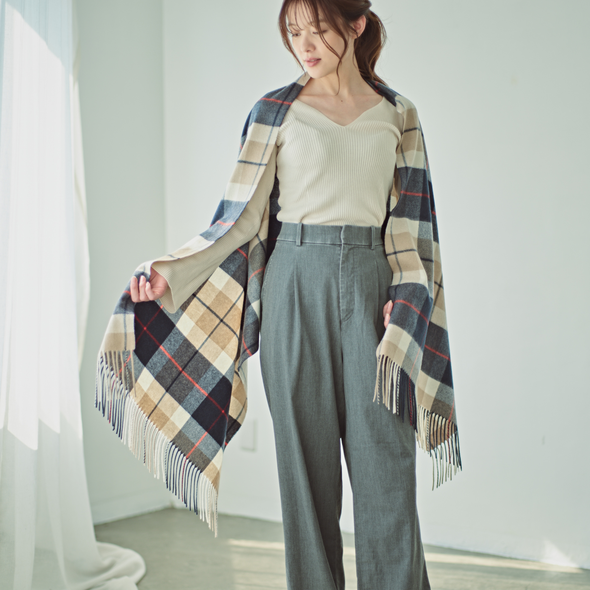 【刺繍名入れギフト】カシミヤ100% チェック柄 大判ストール