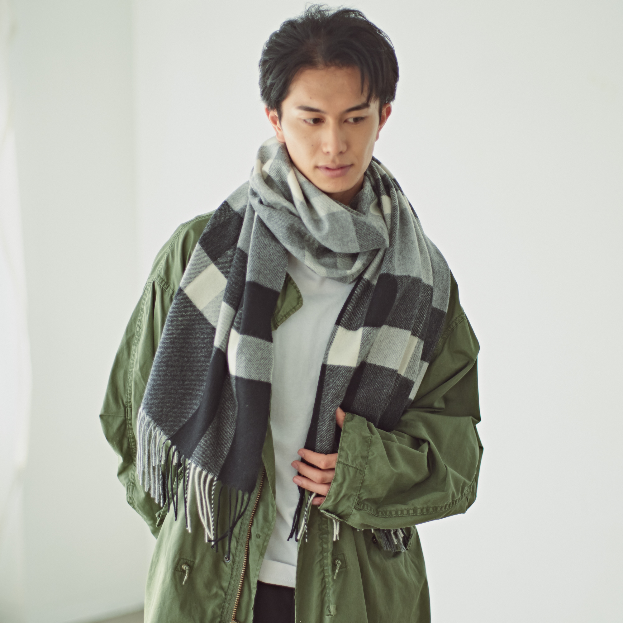 【刺繍名入れギフト】カシミヤ100% チェック柄 大判ストール