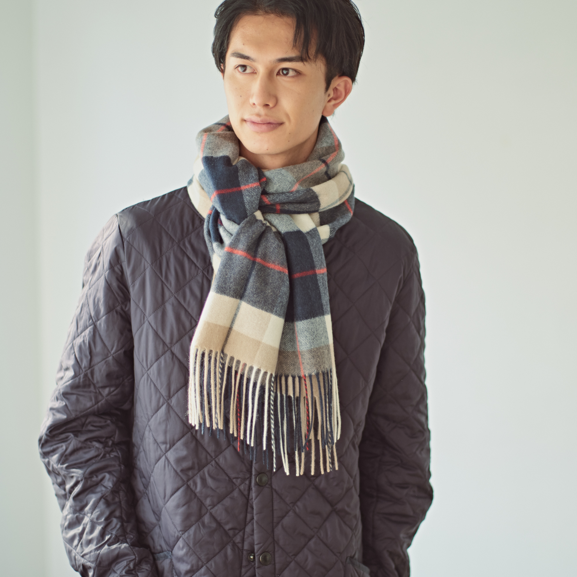 【刺繍名入れギフト】カシミヤ100% チェック柄 大判ストール