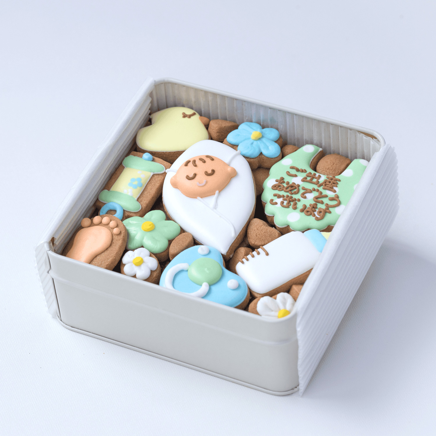 アン☆ページ　リメイク缶　お菓子の吊り缶 名入れ・メッセージ入れ無料】Babyクッキー缶（男の子ver）カラフルで