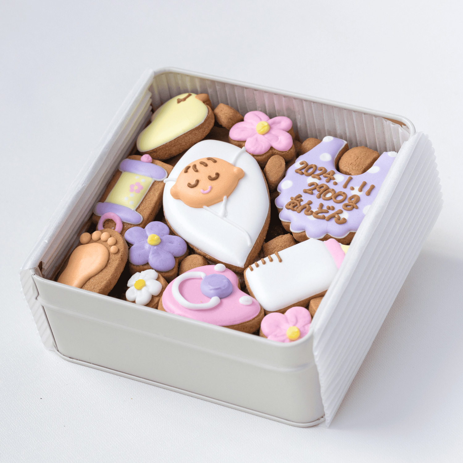 【名入れ・メッセージ入れ無料】Babyクッキー缶（女の子ver）カラフルで可愛いアイシングクッキー缶