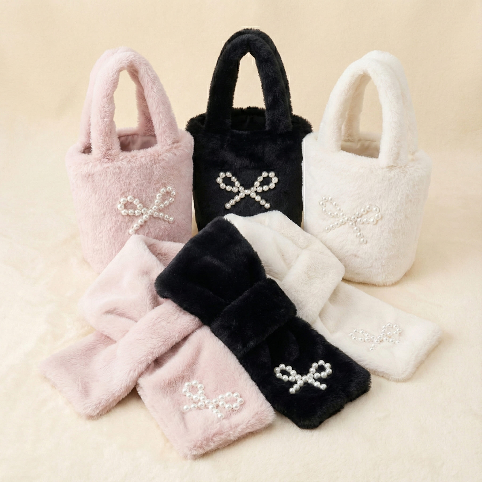 冬のあたたかバッグ＆マフラー2点セット＜パールリボン/全3色＞