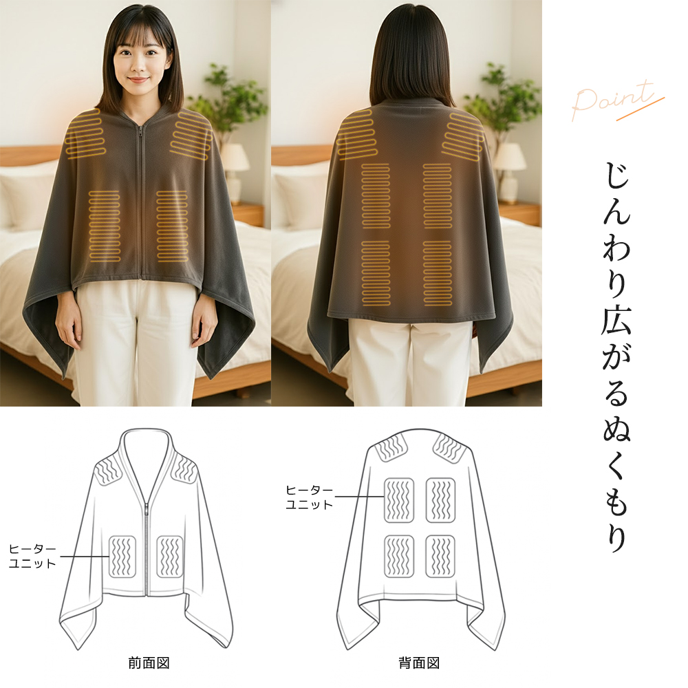 フランネル素材の多機能電気毛布 ヒーター付き＜大判150×80cm＞