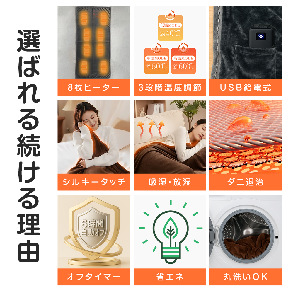 フランネル素材の多機能電気毛布 ヒーター付き＜大判150×80cm＞