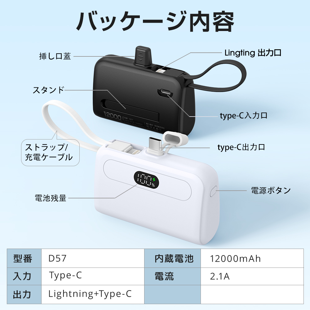 軽量小型モバイルバッテリー＜12000ｍAh / Type-C急速充電＞