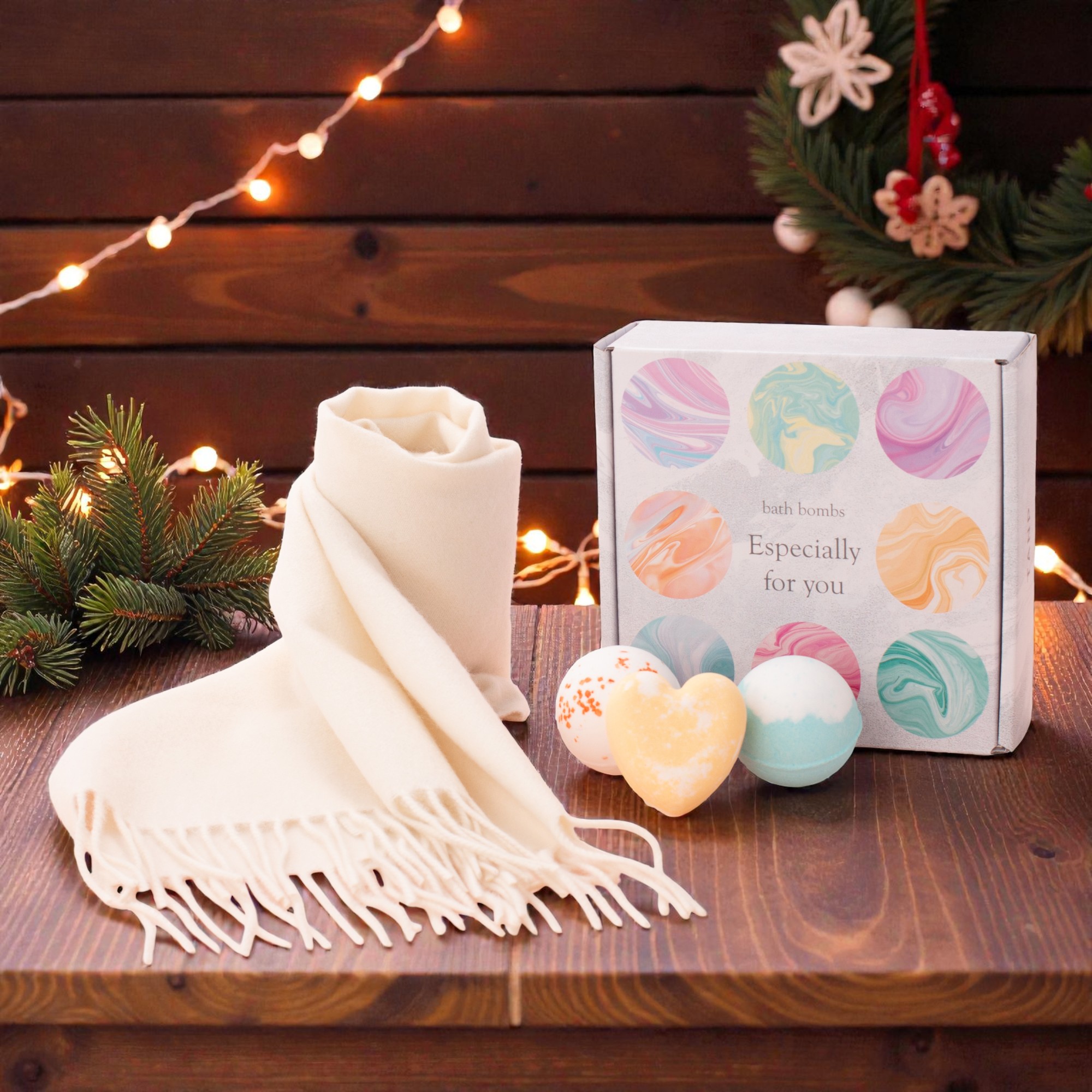 贅沢なバスタイムに！バスボム9個セット・カシミヤ100%マフラーセット