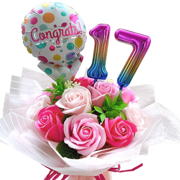 好きな数字を選べる11輪のソープフラワー＆バルーンブーケ 成人式や長寿祝いに 