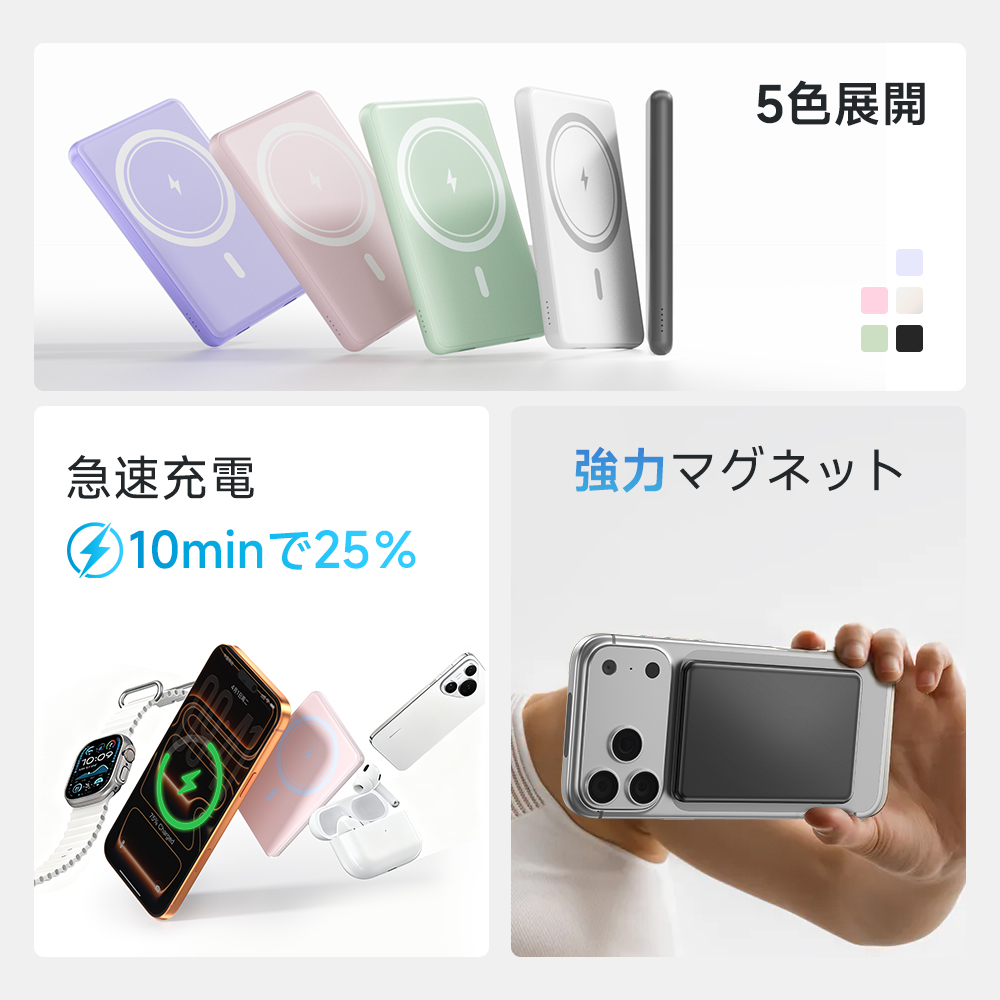 マグネット式モバイルバッテリー＜ワイヤレス充電対応/8000mAh＞