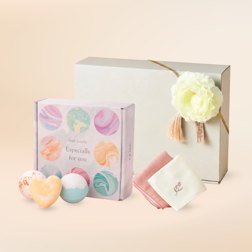 名入れ/BOX入】カラフルバスボムと今治ハンカチ2枚セット | 今治タオル