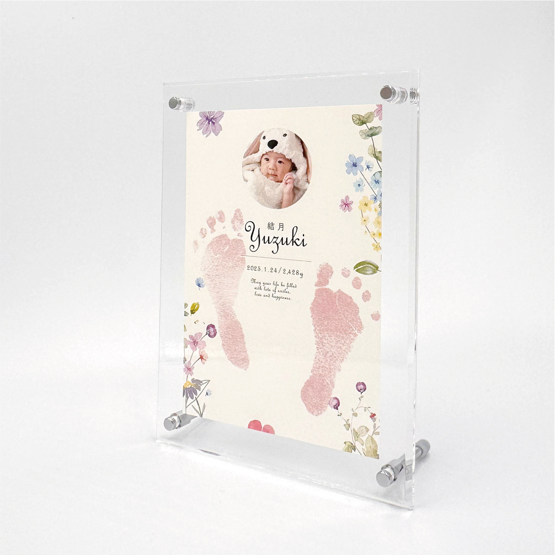 命名フレームアクリルクリア(花柄・写真・足型入り)
