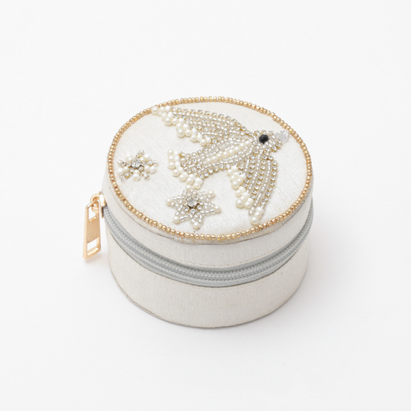 鳥刺繍ラウンドケース ホワイト