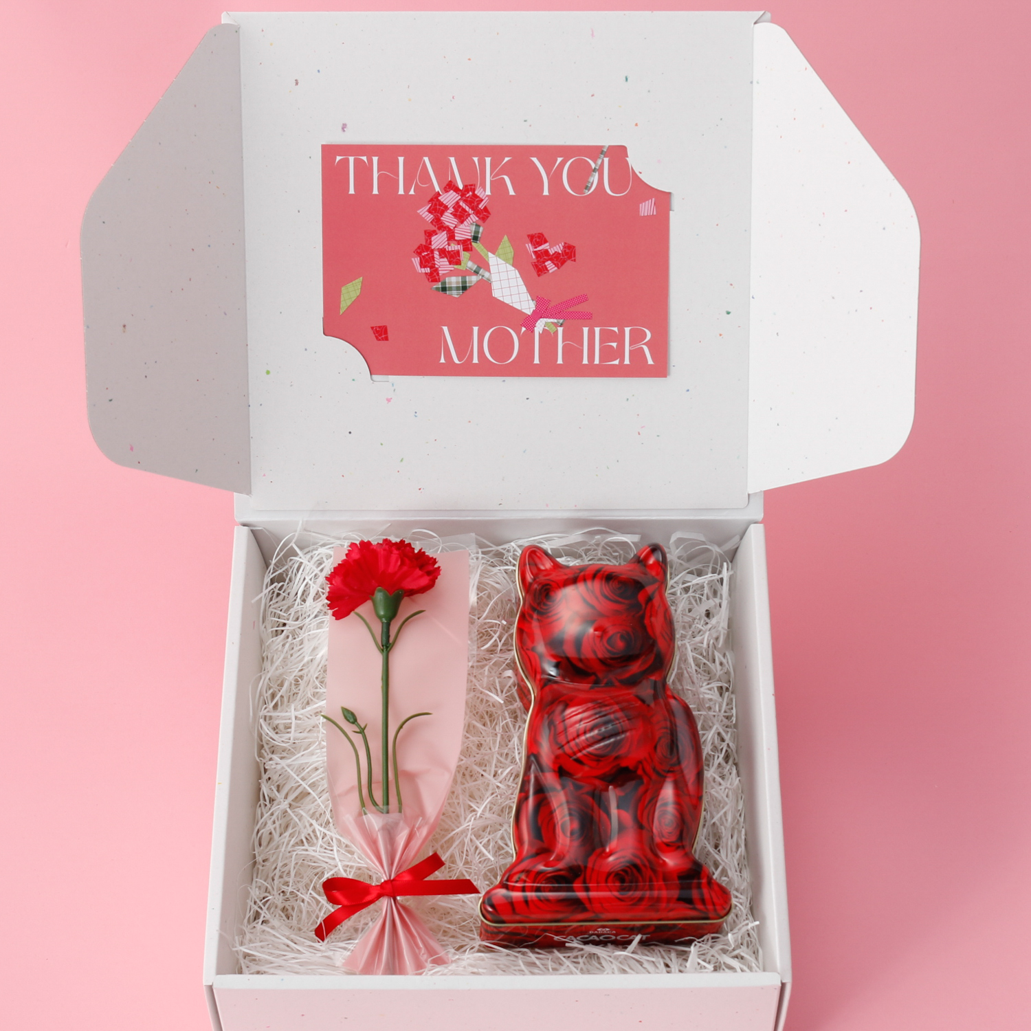 〈母の日ボックス＋カーネーション〉選べるお花柄の猫缶チョコ