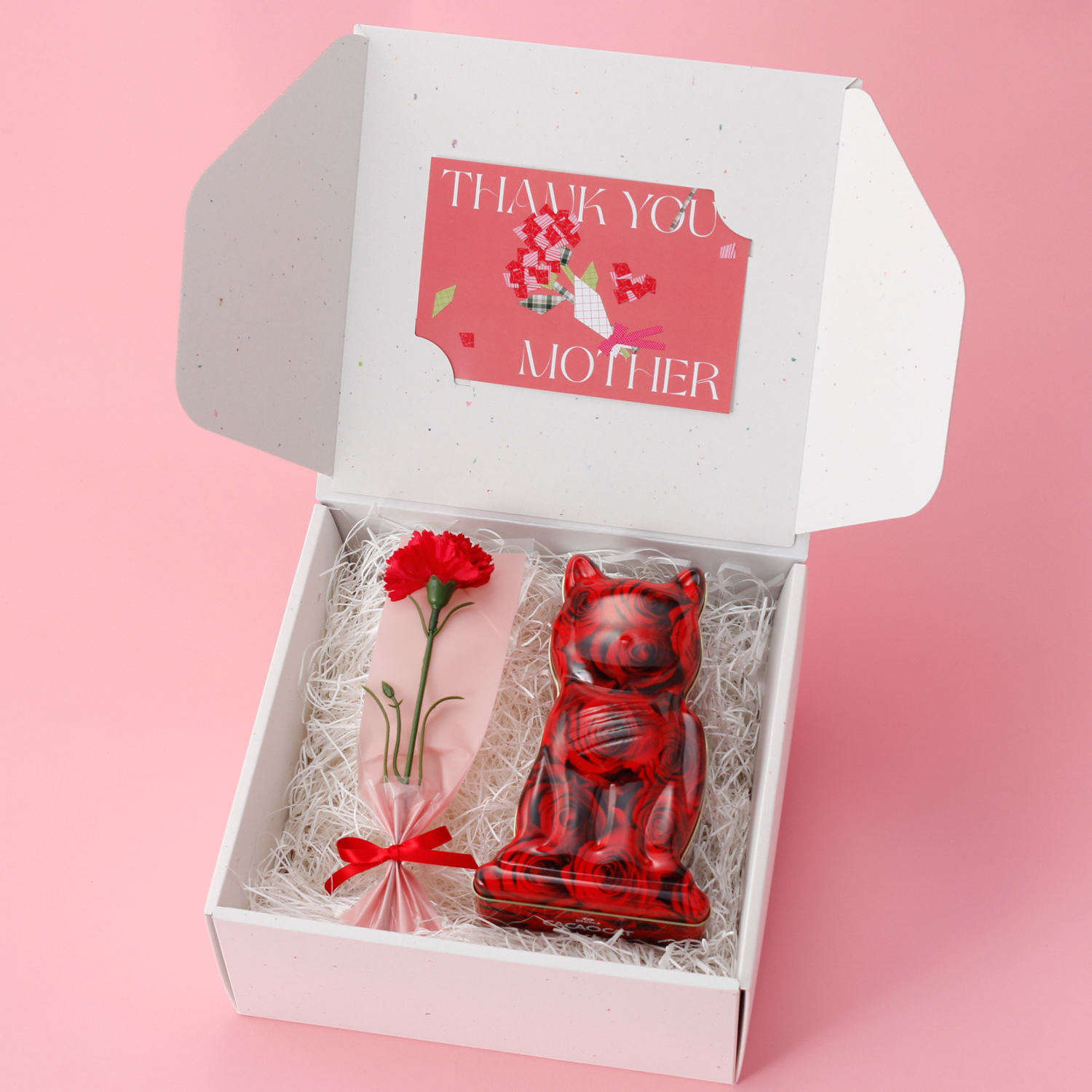 〈母の日ボックス＋カーネーション〉選べるお花柄の猫缶チョコ