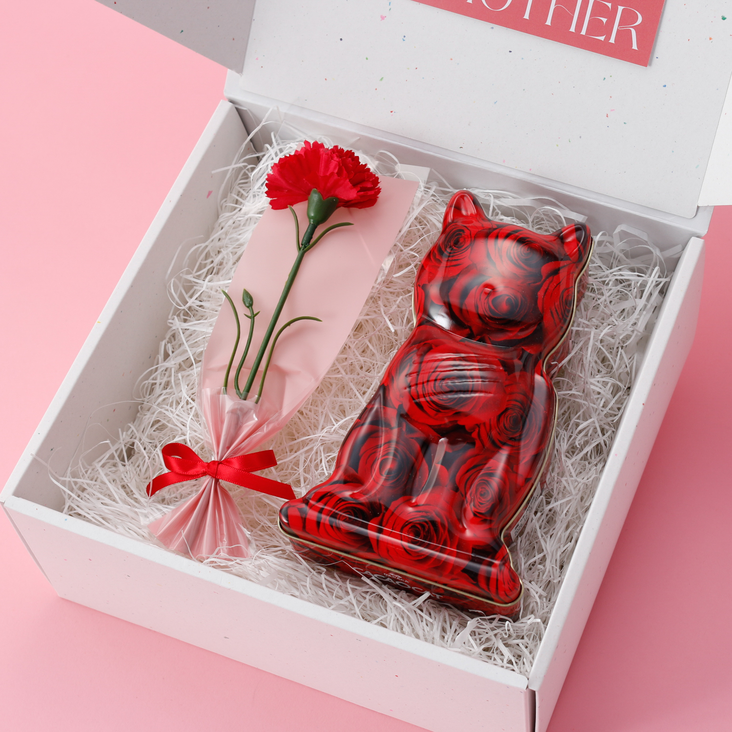 〈母の日ボックス＋カーネーション〉選べるお花柄の猫缶チョコ