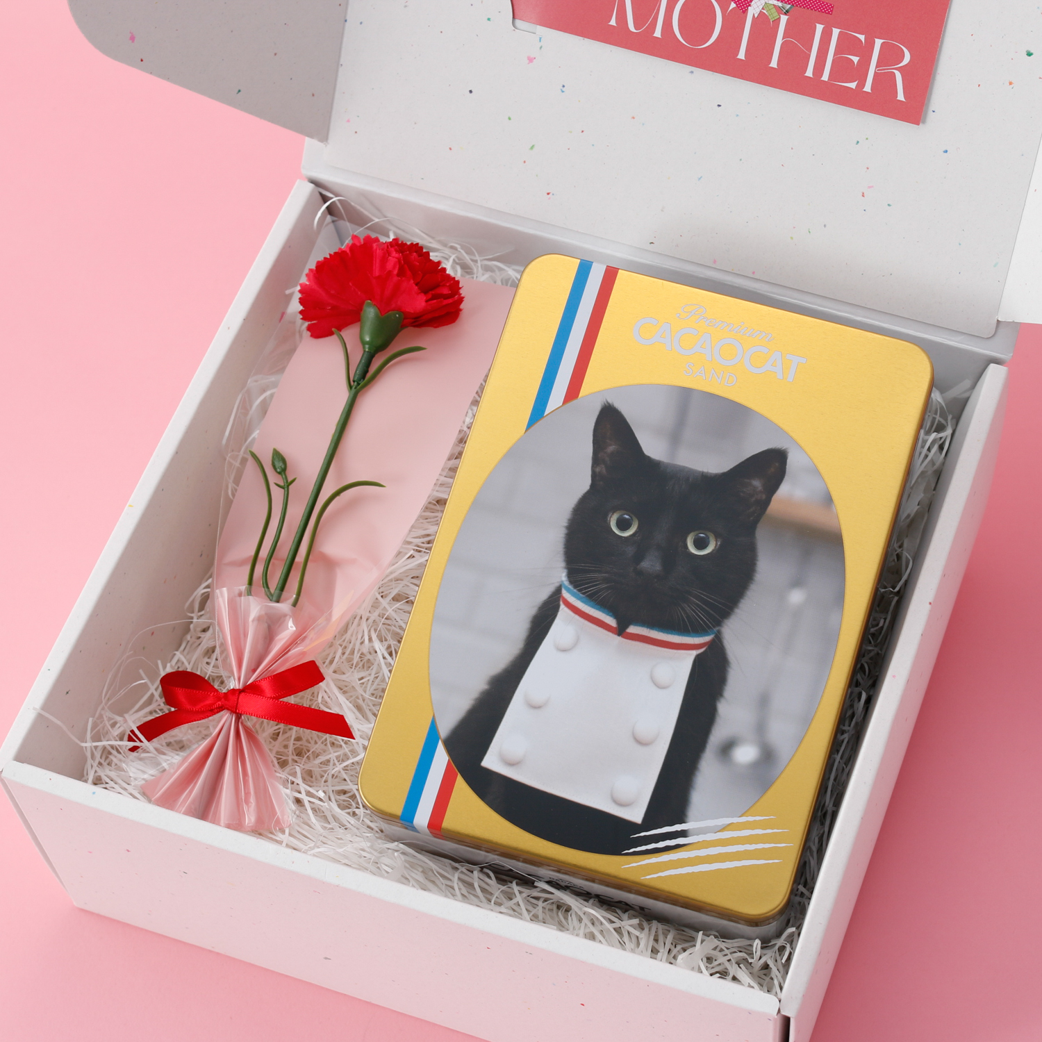 〈母の日ボックス＋カーネーション〉猫缶チョコサンド(PREMIUM CACAOCAT SAND 5個入)