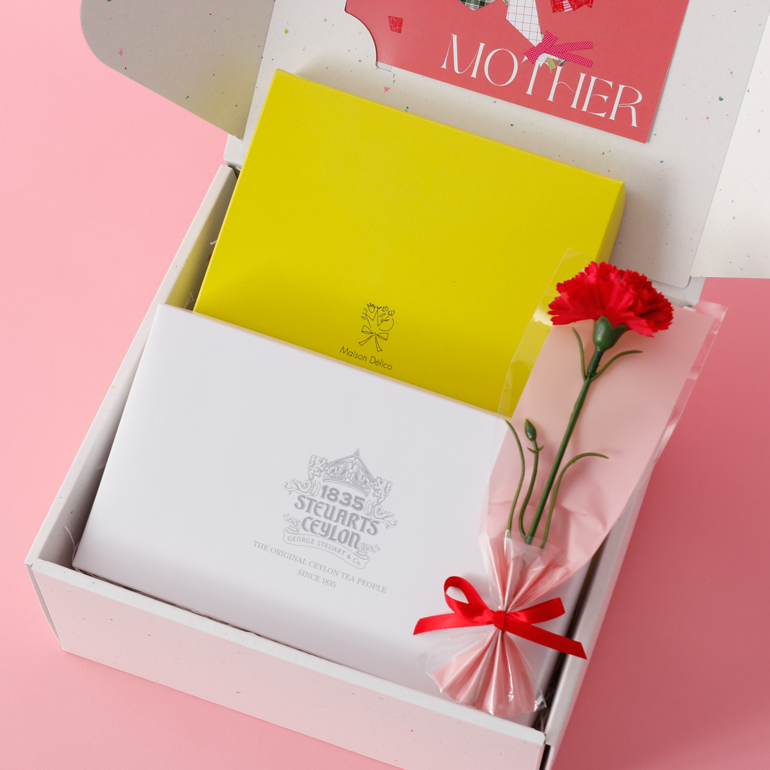 〈母の日ボックス＋カーネーション〉体に優しいクッキーと選べる紅茶のセット