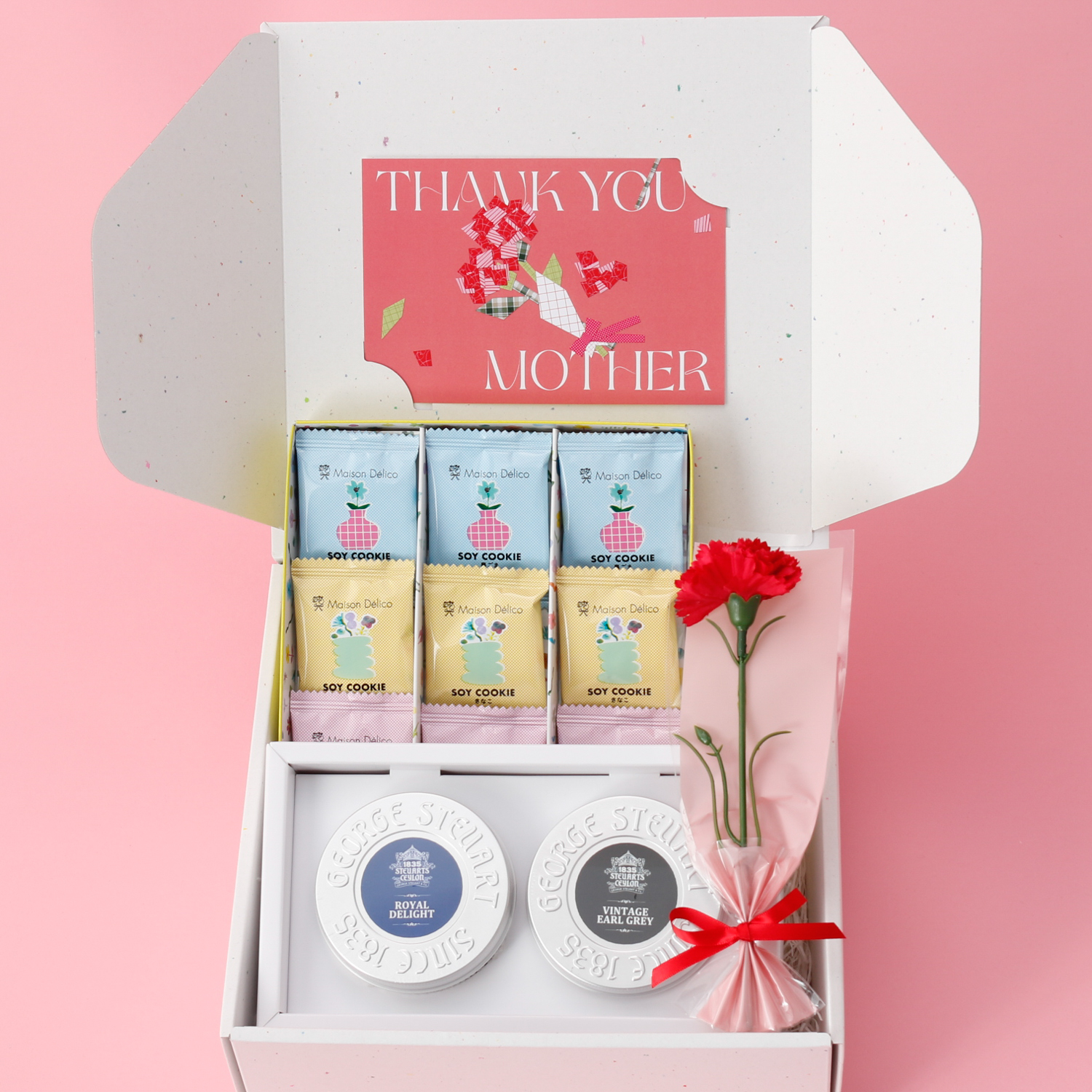 〈母の日ボックス＋カーネーション〉体に優しいクッキーと選べる紅茶のセット