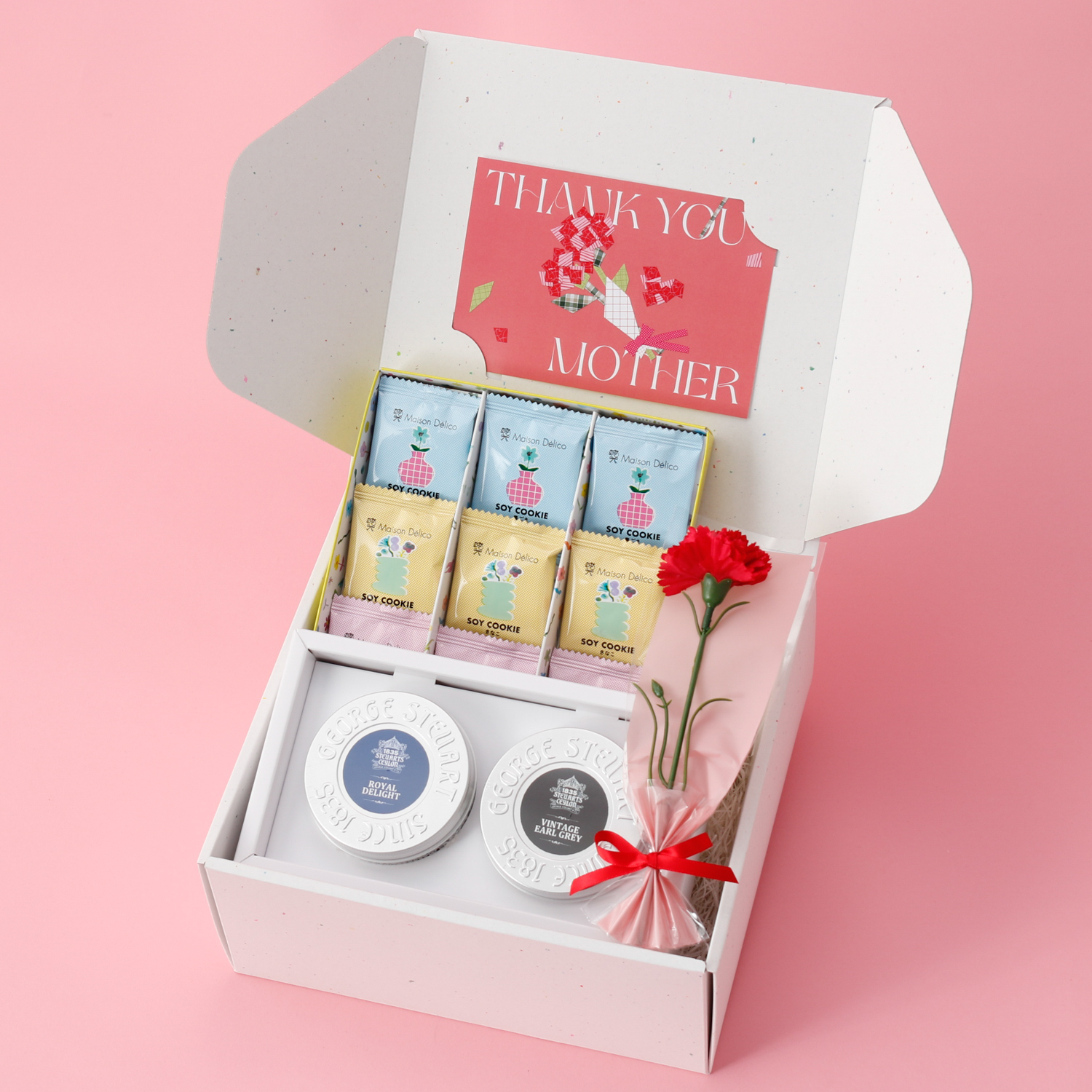 〈母の日ボックス＋カーネーション〉体に優しいクッキーと選べる紅茶のセット
