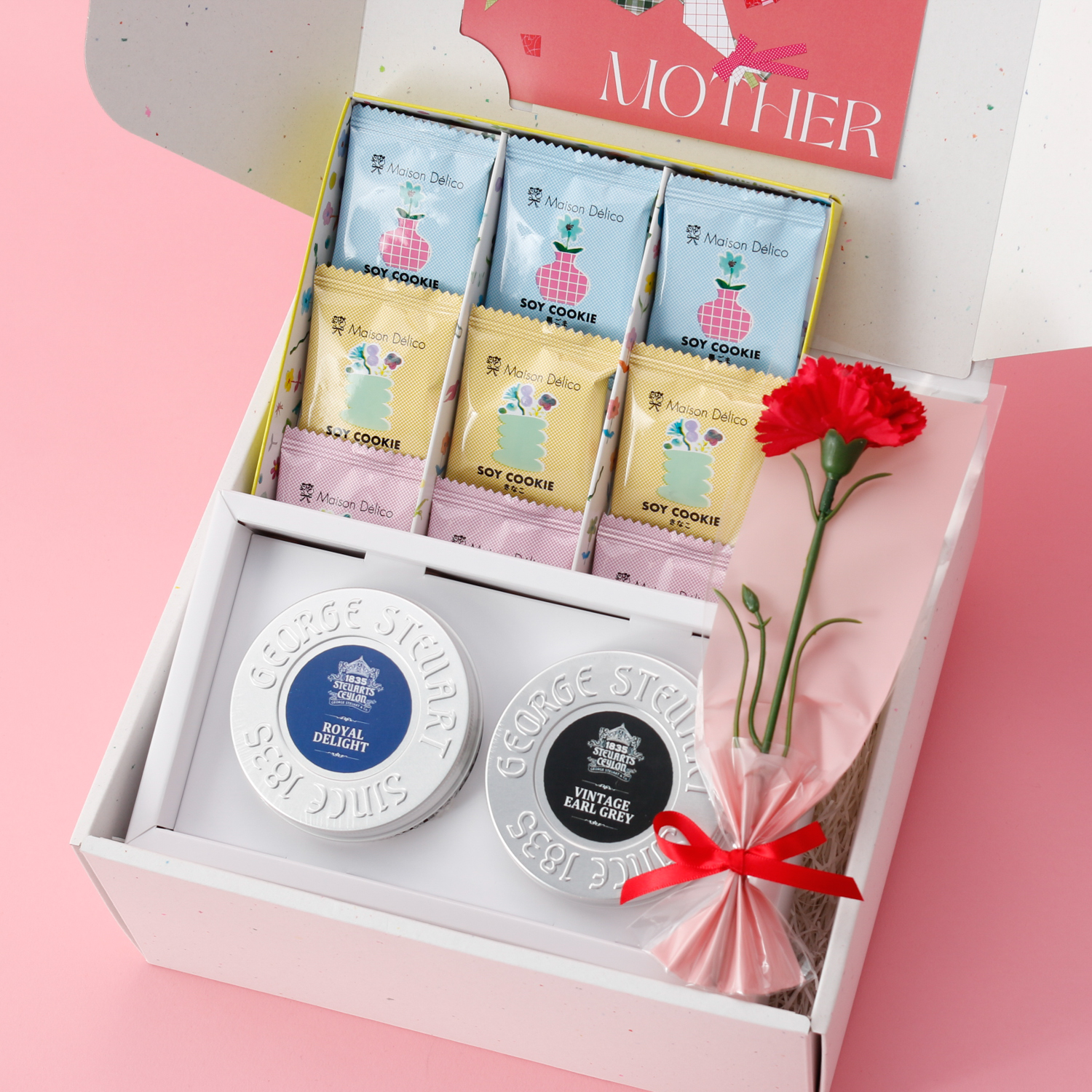 〈母の日ボックス＋カーネーション〉体に優しいクッキーと選べる紅茶のセット