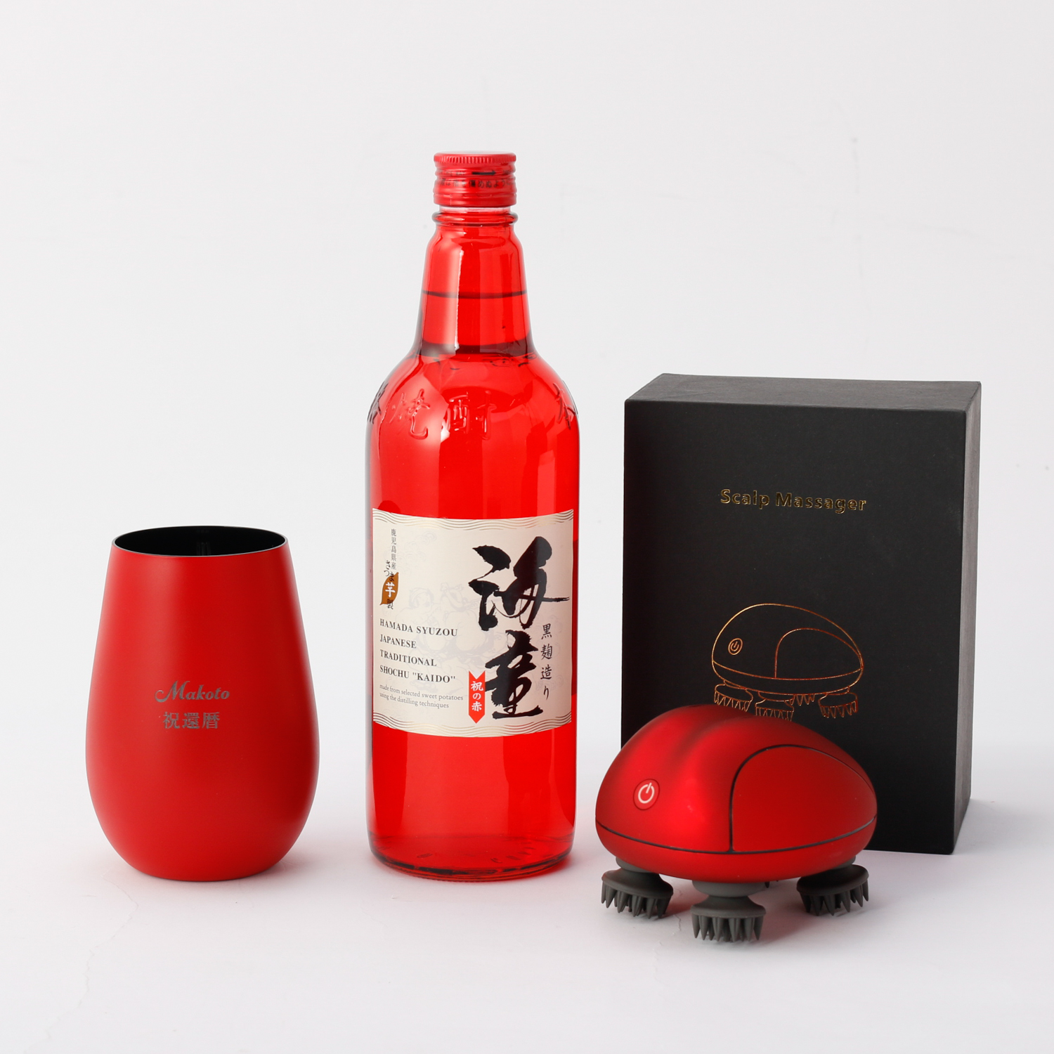 【還暦祝い】コンパクトマッサージ器と還暦タンブラーとお酒のリラックスセット