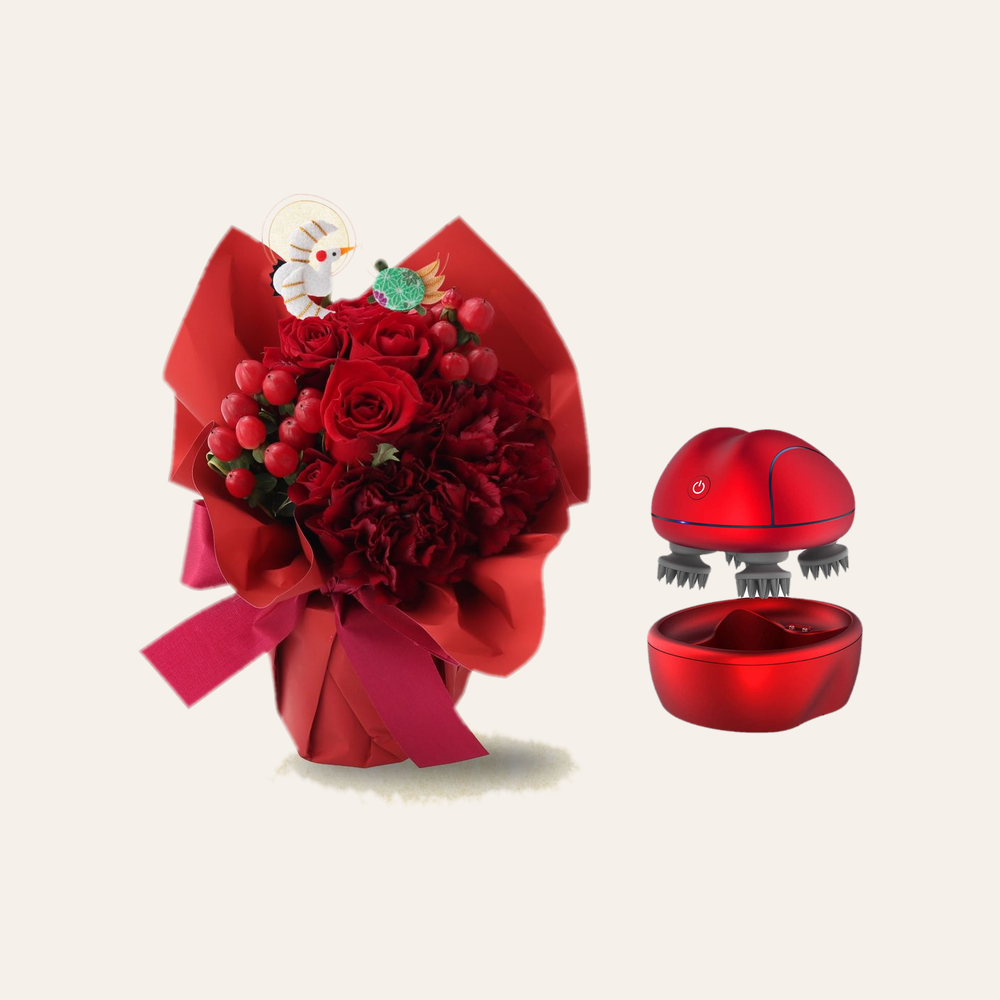 【還暦祝い】コンパクトマッサージ器と生花アレンジメントの癒しセット