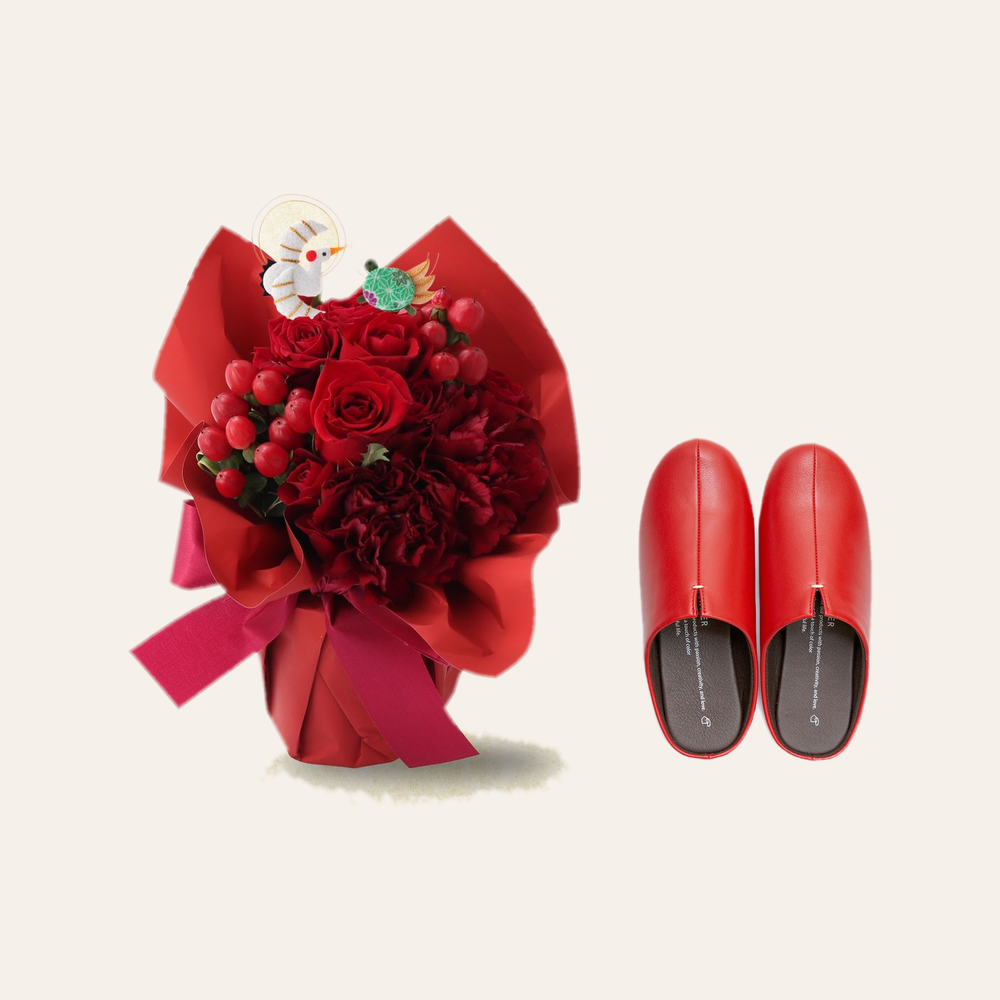 【還暦祝い】ルームシューズと生花アレンジメントのくつろぎセット