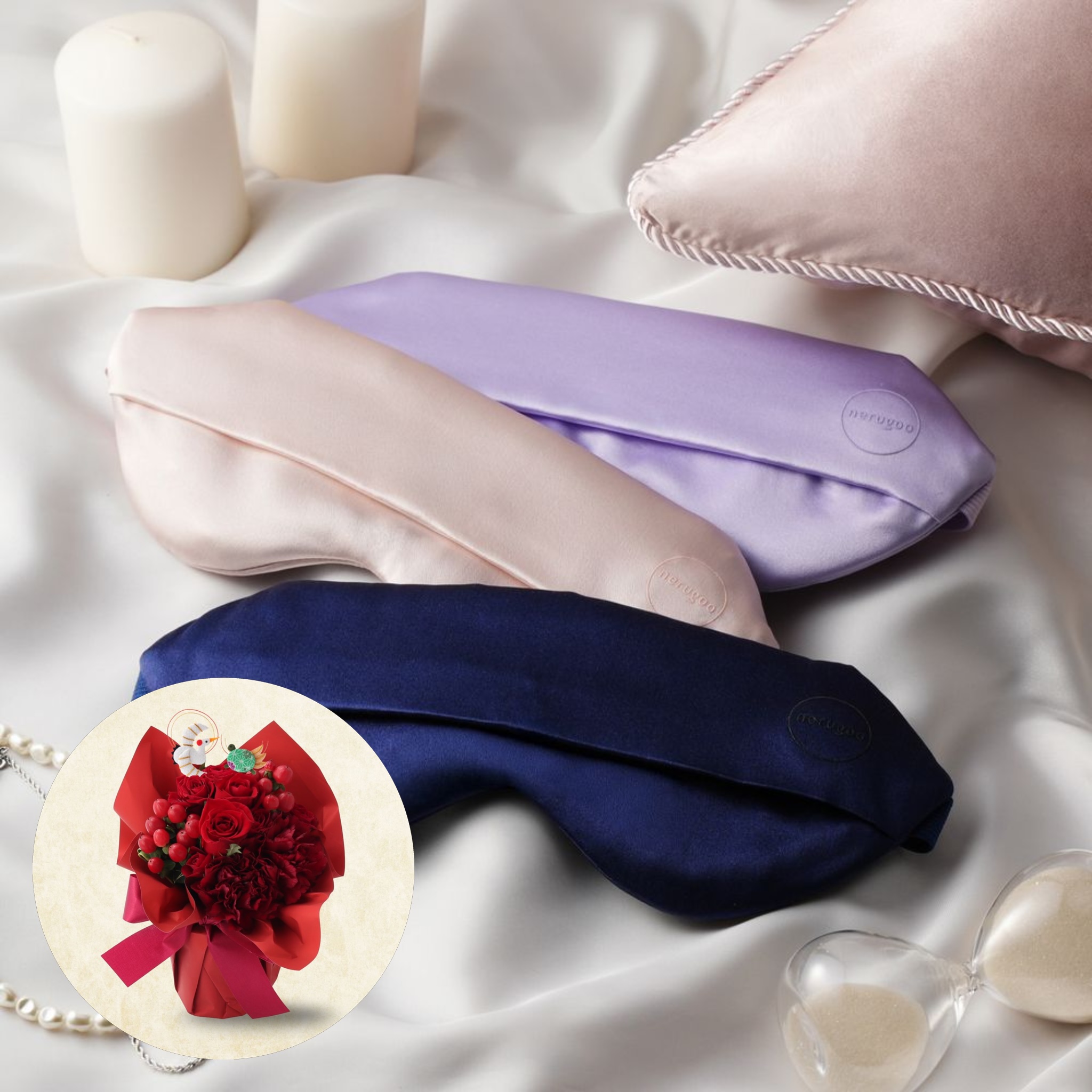 【還暦祝い】シルクアイマスクと生花アレンジメントの癒しセット